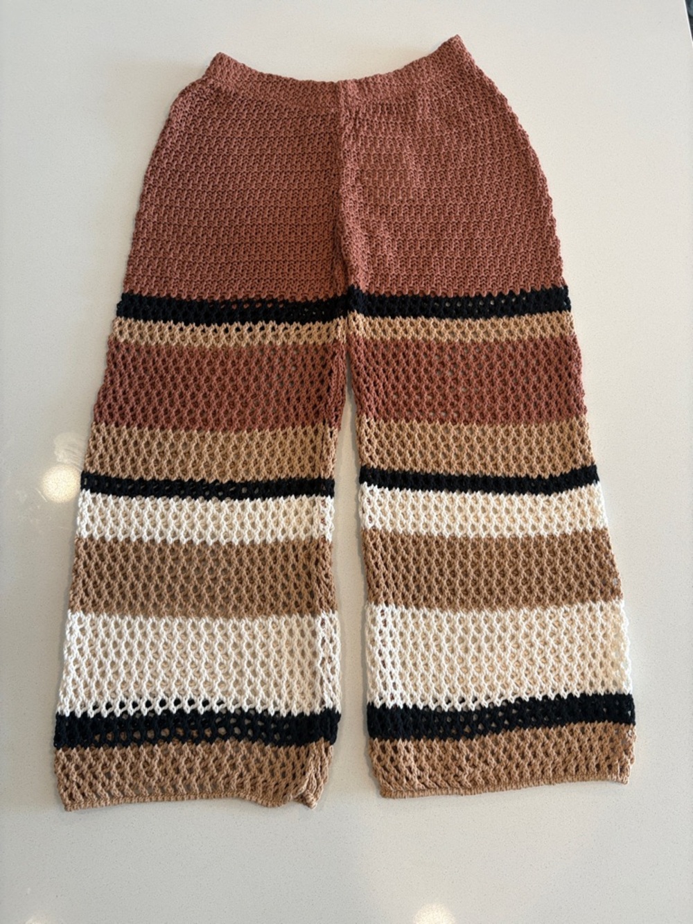 Crochet Wide Leg Striped Knit Pants - Rust, Tan, White, Black
